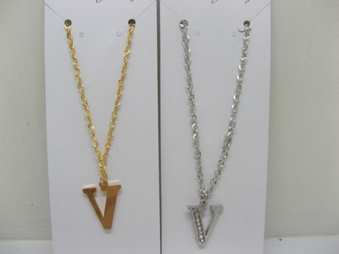 12 Silver&Golden Chain Necklace with Rhinestone Letter V Dangl 12pcs ...